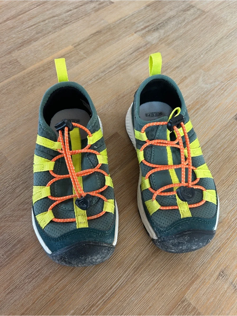 Keen Kids Dark Green Water Shoes with Yellow Straps and Orange Laces